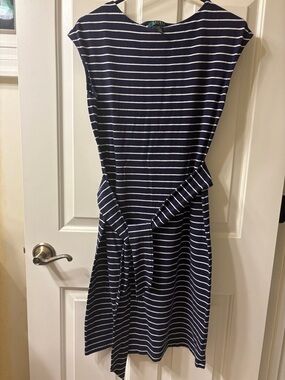 Lauren Ralph Lauren Navy & White Striped Tie-Waist Midi Dress